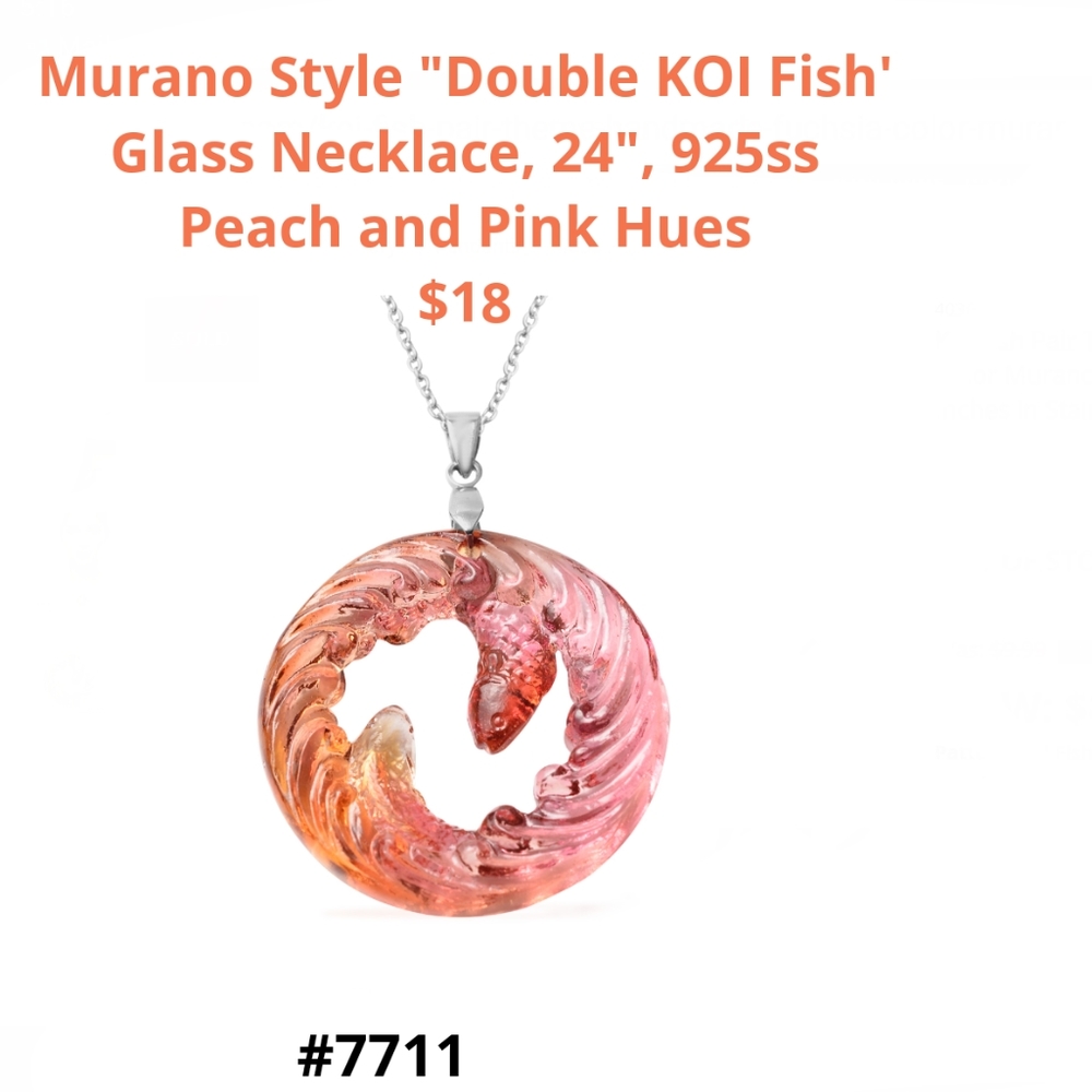 Murano style glass goldfish necklaces, 24", blue or pink